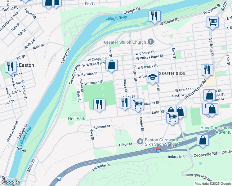 map of restaurants, bars, coffee shops, grocery stores, and more near 849 West Grant Street in Easton