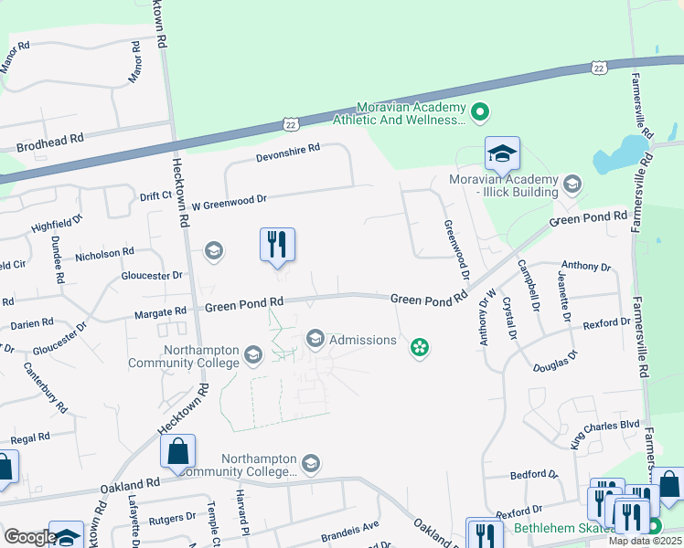 map of restaurants, bars, coffee shops, grocery stores, and more near 4015 Green Pond Road in Bethlehem