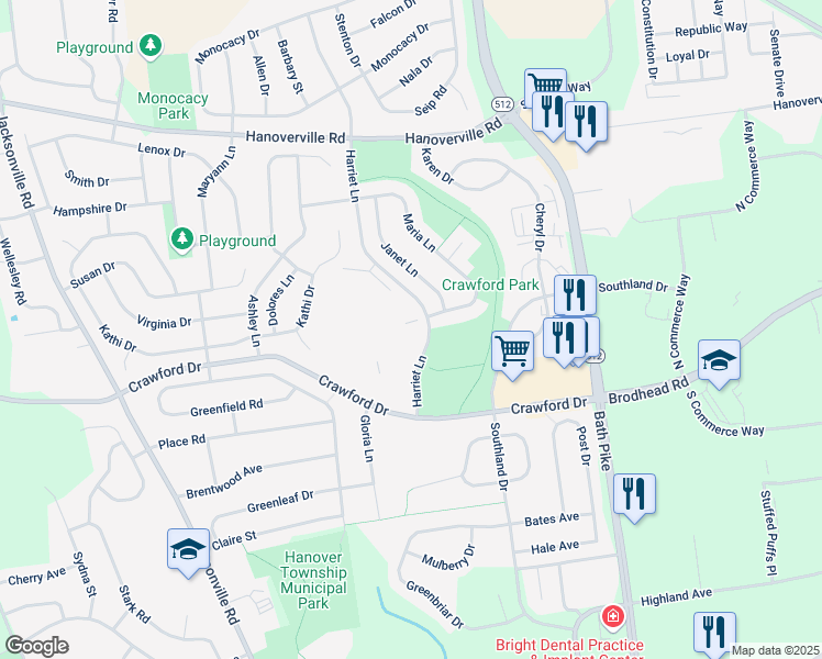 map of restaurants, bars, coffee shops, grocery stores, and more near 4401 Harriet Lane in Bethlehem