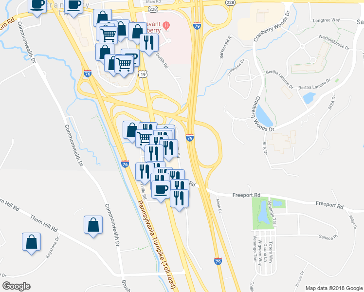 map of restaurants, bars, coffee shops, grocery stores, and more near 1203 Dutilh Road in Cranberry Township