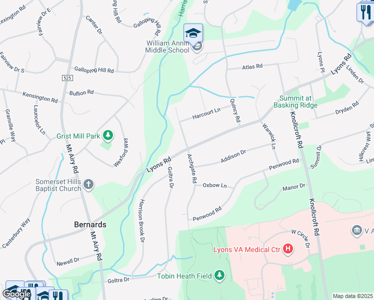 map of restaurants, bars, coffee shops, grocery stores, and more near 282 Lyons Road in Bernards