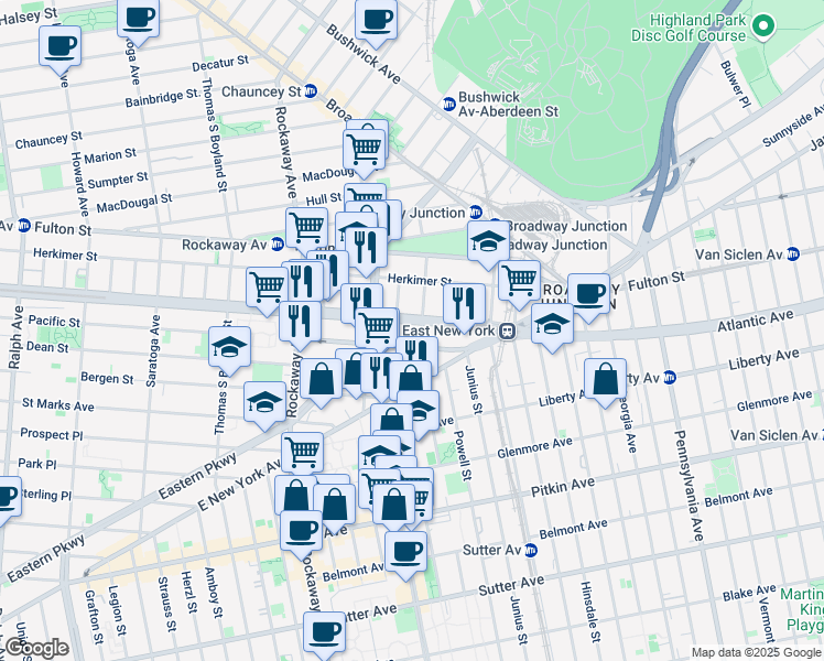 map of restaurants, bars, coffee shops, grocery stores, and more near 124 Sackman Street in Brooklyn