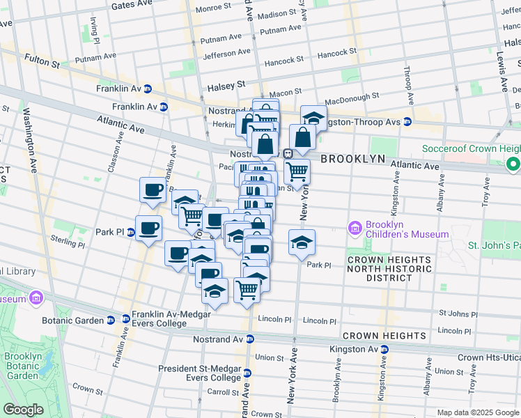 map of restaurants, bars, coffee shops, grocery stores, and more near 619 Nostrand Avenue in Brooklyn