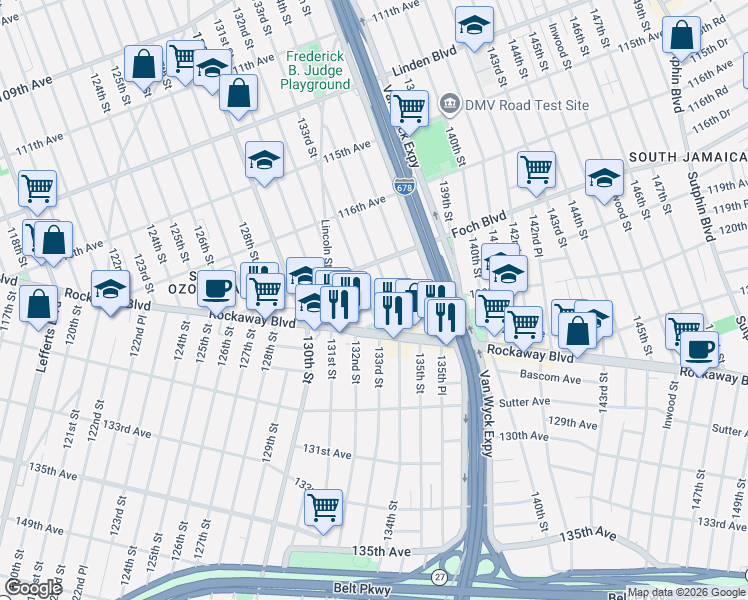 map of restaurants, bars, coffee shops, grocery stores, and more near 117-35 133rd Street in Queens