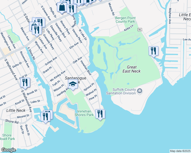 map of restaurants, bars, coffee shops, grocery stores, and more near 8 Shore Place in Lindenhurst