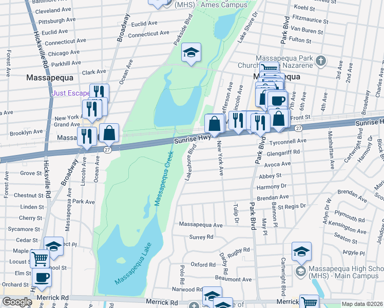 map of restaurants, bars, coffee shops, grocery stores, and more near 1 Glengariff Road in Massapequa Park