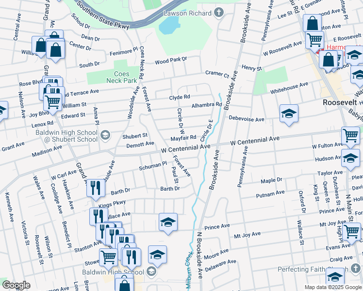 map of restaurants, bars, coffee shops, grocery stores, and more near 998 Centennial Avenue in Baldwin