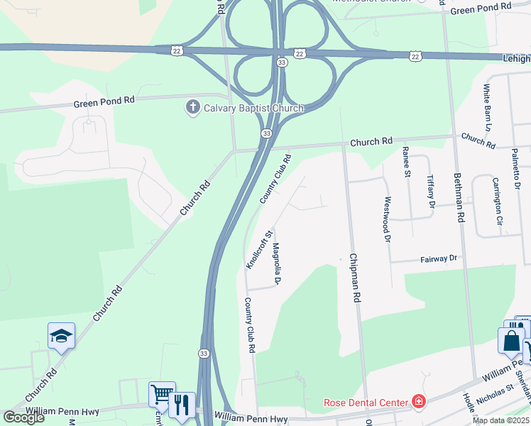map of restaurants, bars, coffee shops, grocery stores, and more near 3700 Country Club Road in Easton