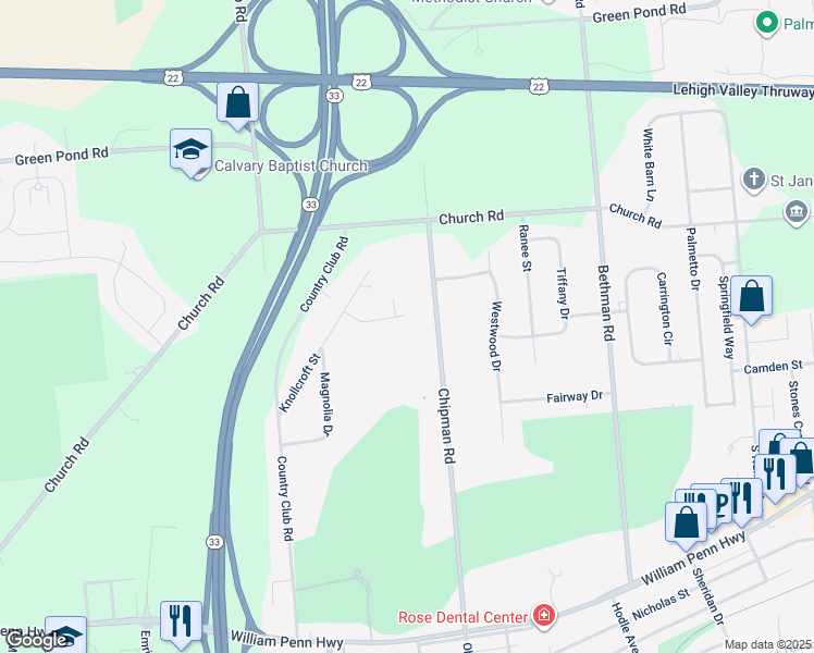 map of restaurants, bars, coffee shops, grocery stores, and more near 5110 Wisteria Drive in Easton