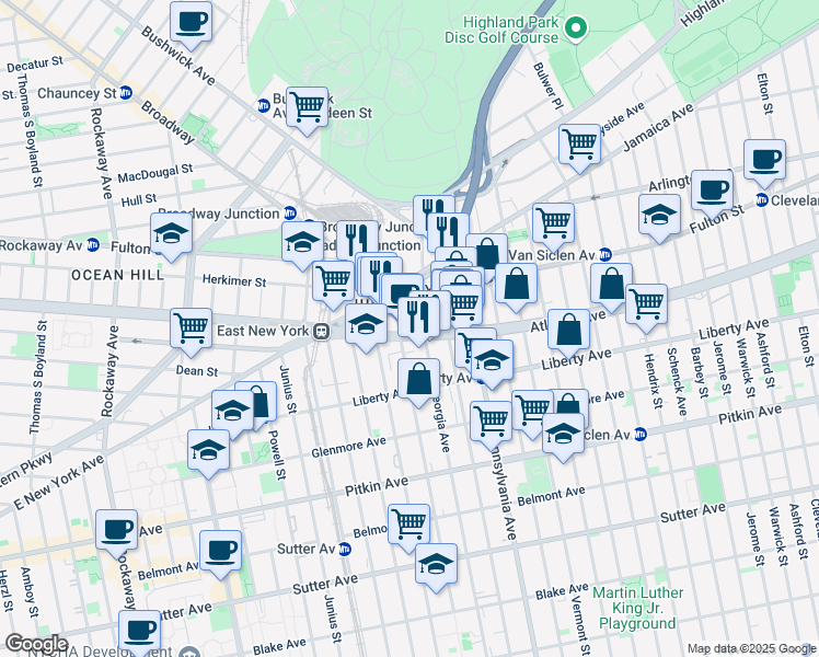 map of restaurants, bars, coffee shops, grocery stores, and more near 2582 Atlantic Avenue in Brooklyn
