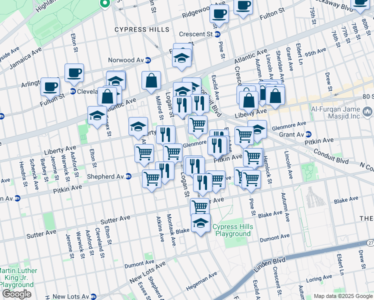 map of restaurants, bars, coffee shops, grocery stores, and more near 176 Fountain Avenue in Brooklyn