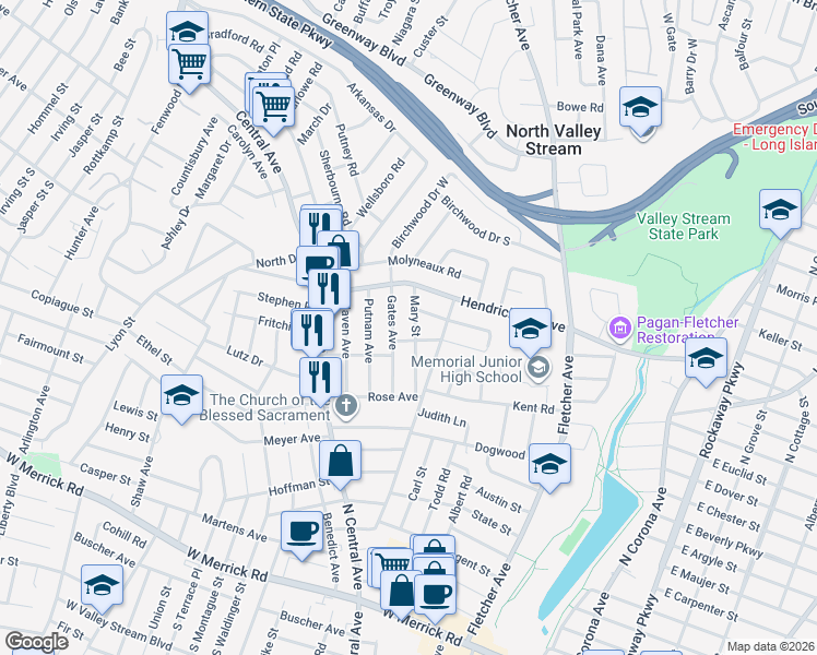 map of restaurants, bars, coffee shops, grocery stores, and more near 73 Mary Street in Valley Stream