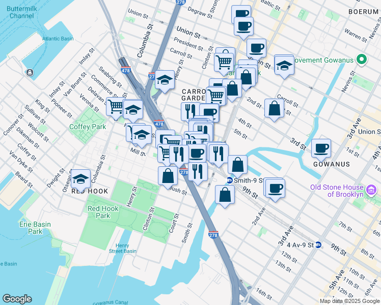 map of restaurants, bars, coffee shops, grocery stores, and more near 519 Court Street in Brooklyn
