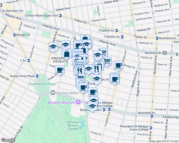 map of restaurants, bars, coffee shops, grocery stores, and more near 448 Prospect Place in Brooklyn