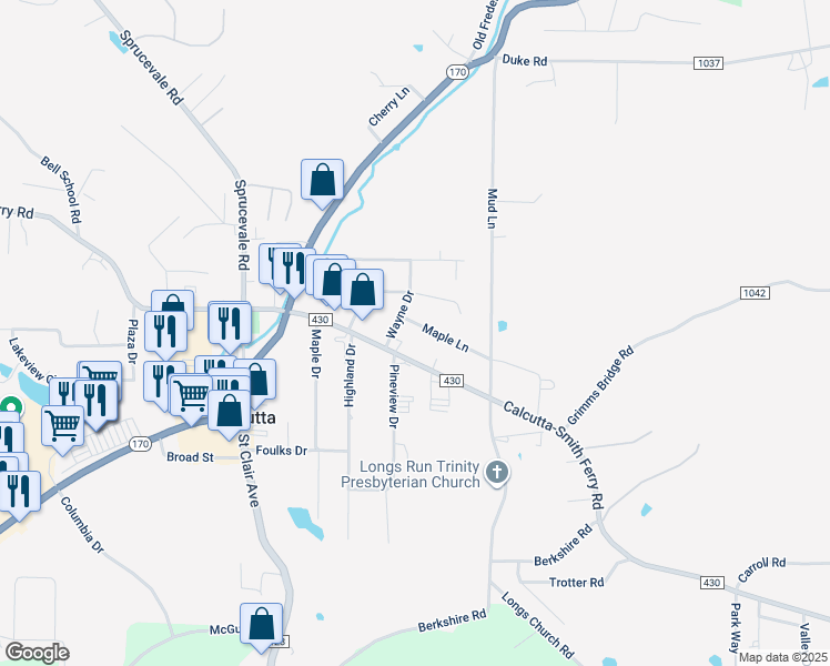 map of restaurants, bars, coffee shops, grocery stores, and more near 49286 Calcutta-Smith Ferry Road in Calcutta