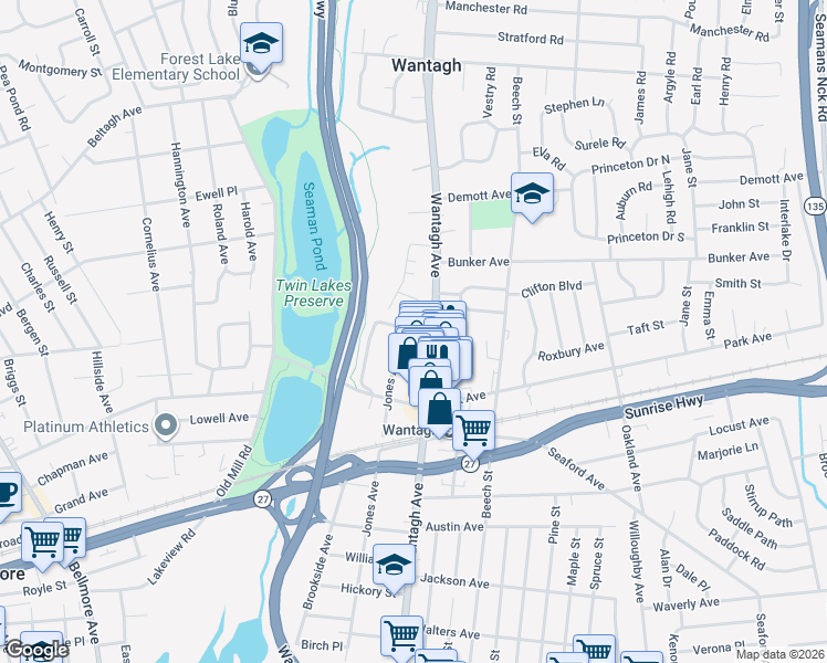 map of restaurants, bars, coffee shops, grocery stores, and more near 9 Ridgewood Drive in Wantagh