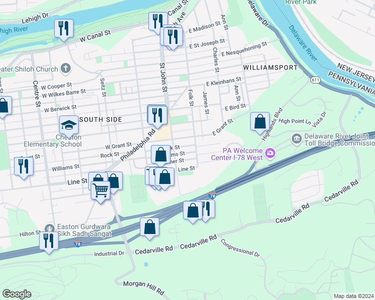 map of restaurants, bars, coffee shops, grocery stores, and more near 124 Rock Street in Easton