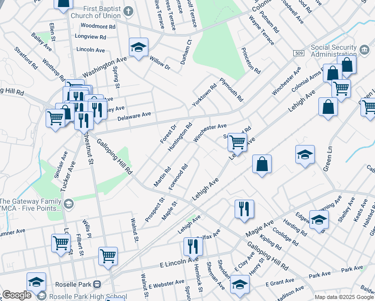 map of restaurants, bars, coffee shops, grocery stores, and more near 393 Martin Road in Union