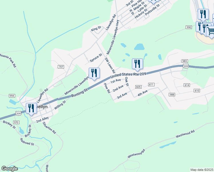 map of restaurants, bars, coffee shops, grocery stores, and more near 8 1st Avenue in Pottsville