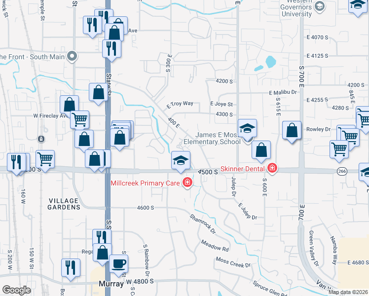 map of restaurants, bars, coffee shops, grocery stores, and more near 340 South Gordon Lane in Millcreek