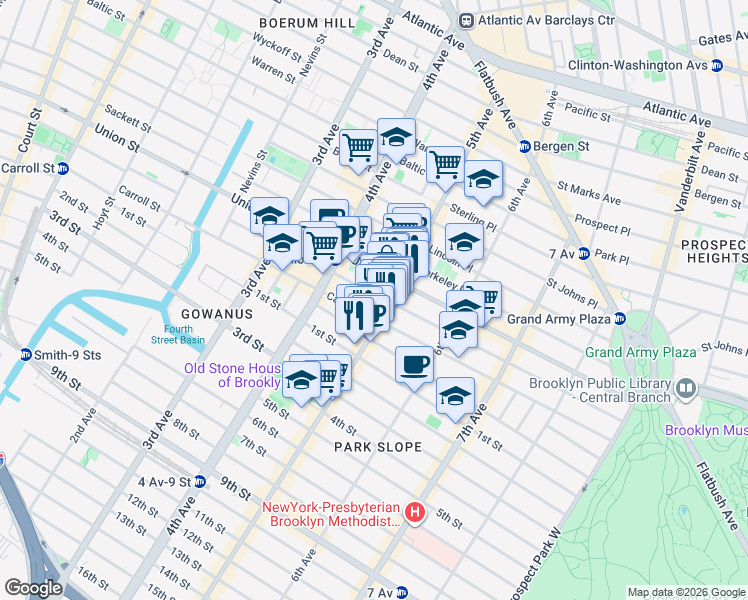 map of restaurants, bars, coffee shops, grocery stores, and more near 642 President Street in Brooklyn