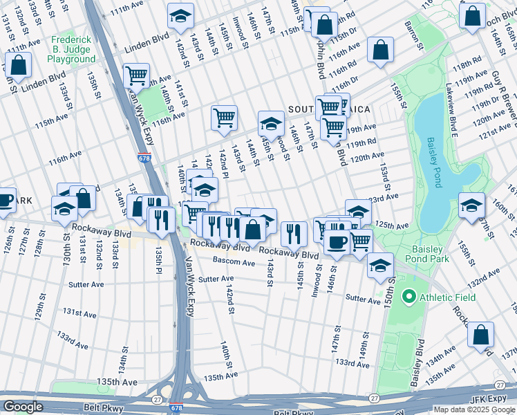 map of restaurants, bars, coffee shops, grocery stores, and more near 142-27 122nd Avenue in Queens