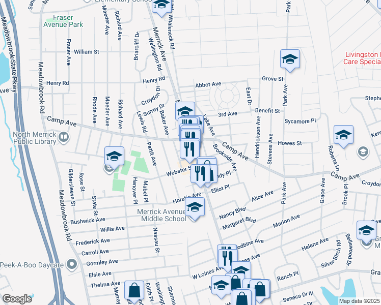 map of restaurants, bars, coffee shops, grocery stores, and more near 1757 Merrick Avenue North in Merrick