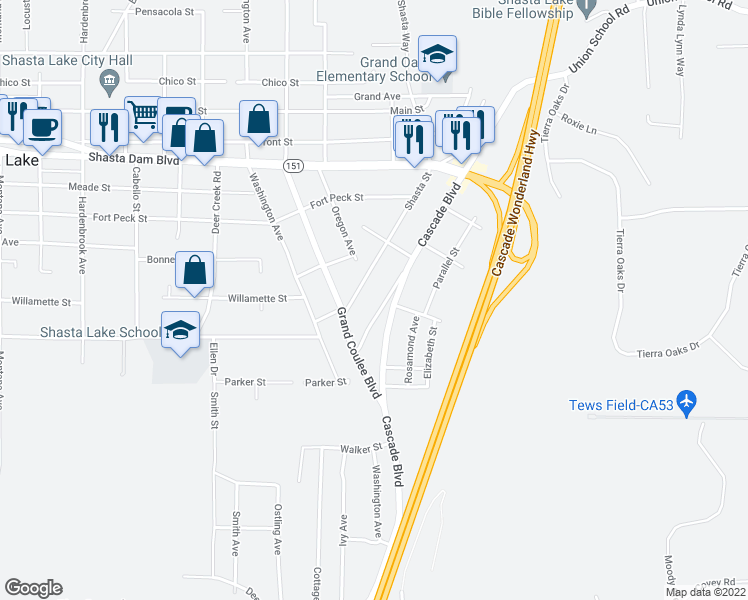 map of restaurants, bars, coffee shops, grocery stores, and more near 1990 Morningstar Way in Shasta Lake