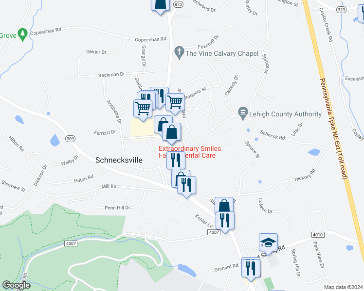 map of restaurants, bars, coffee shops, grocery stores, and more near 5036 Mohawk Drive in Schnecksville