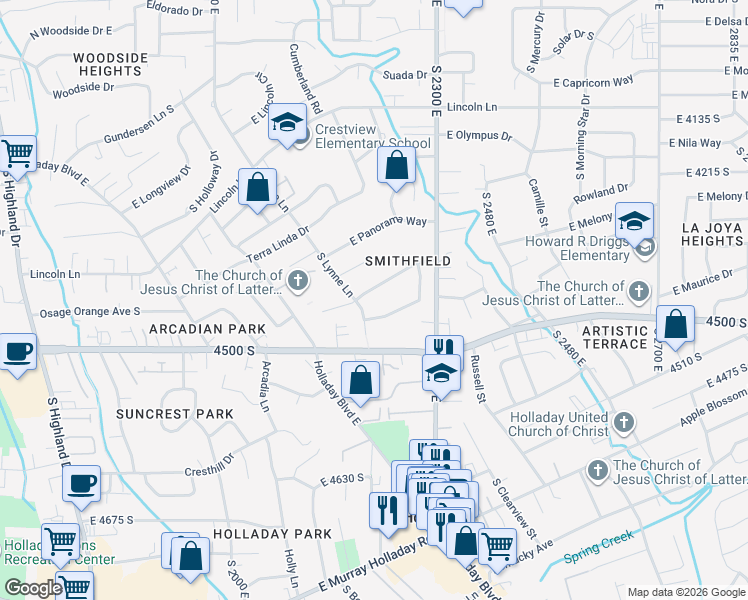 map of restaurants, bars, coffee shops, grocery stores, and more near 2227 East Lauri Kay Drive in Holladay