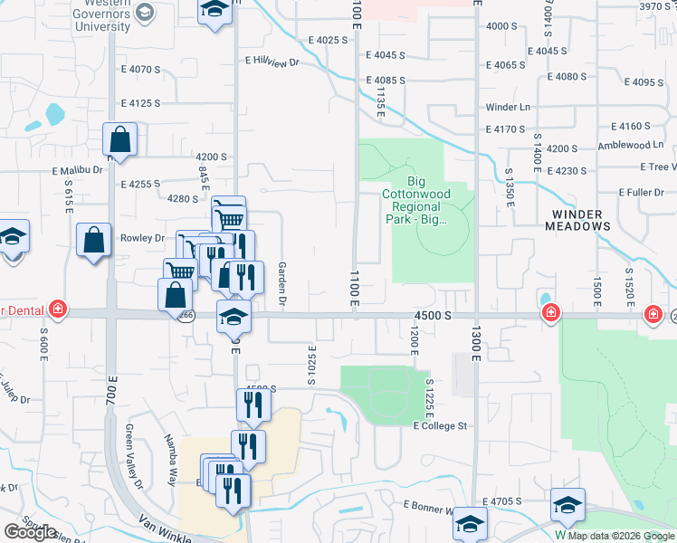 map of restaurants, bars, coffee shops, grocery stores, and more near 4404 South 1100 East in Millcreek