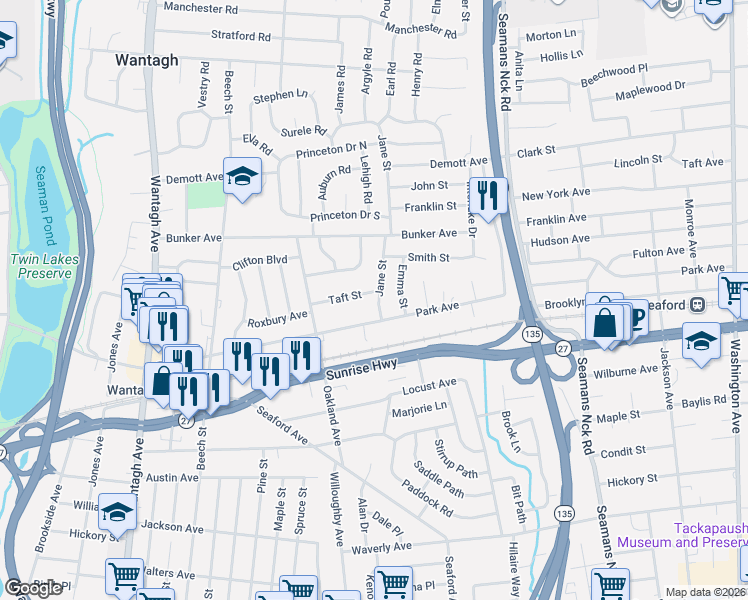 map of restaurants, bars, coffee shops, grocery stores, and more near 1889 Jane Street in Wantagh
