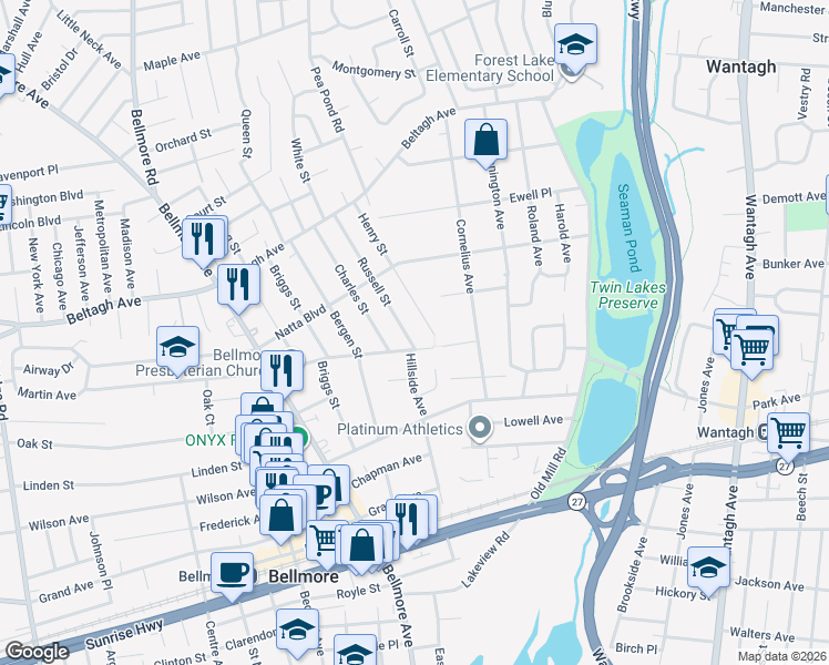 map of restaurants, bars, coffee shops, grocery stores, and more near 2863 Martin Avenue in Bellmore