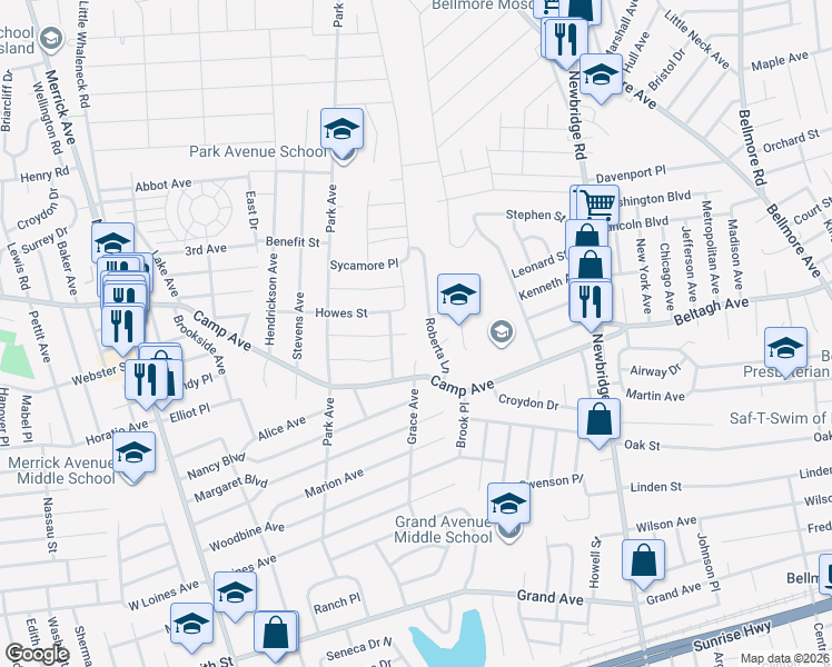 map of restaurants, bars, coffee shops, grocery stores, and more near 2336 Birch Street in Merrick