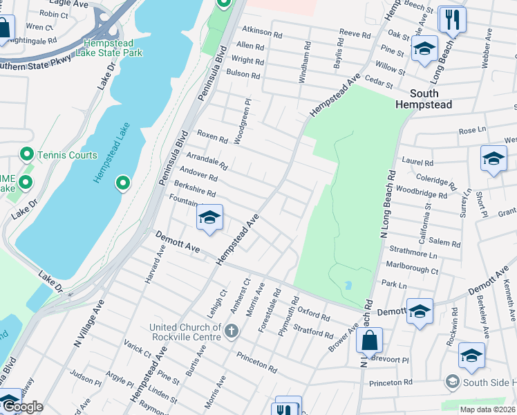 map of restaurants, bars, coffee shops, grocery stores, and more near 9 Heyward Lane in Rockville Centre