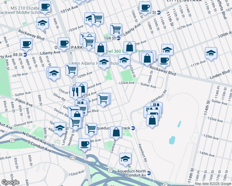 map of restaurants, bars, coffee shops, grocery stores, and more near 13417 Linden Boulevard in Queens
