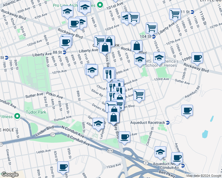map of restaurants, bars, coffee shops, grocery stores, and more near 132-48 Cross Bay Boulevard in Queens