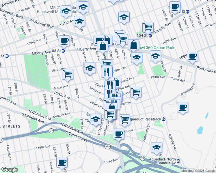 map of restaurants, bars, coffee shops, grocery stores, and more near 132-48 Cross Bay Boulevard in Queens