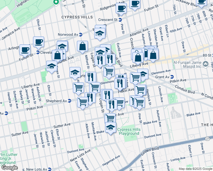 map of restaurants, bars, coffee shops, grocery stores, and more near 191 Fountain Avenue in Brooklyn