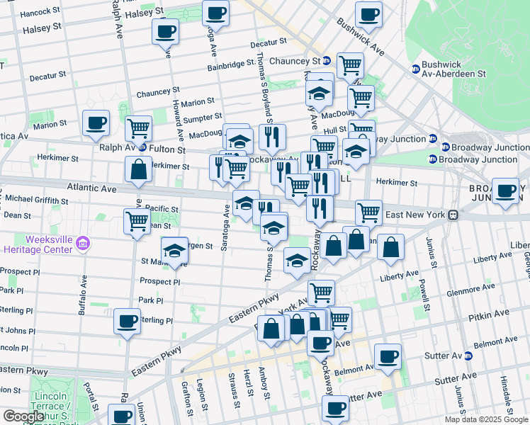 map of restaurants, bars, coffee shops, grocery stores, and more near Pacific Street in Brooklyn