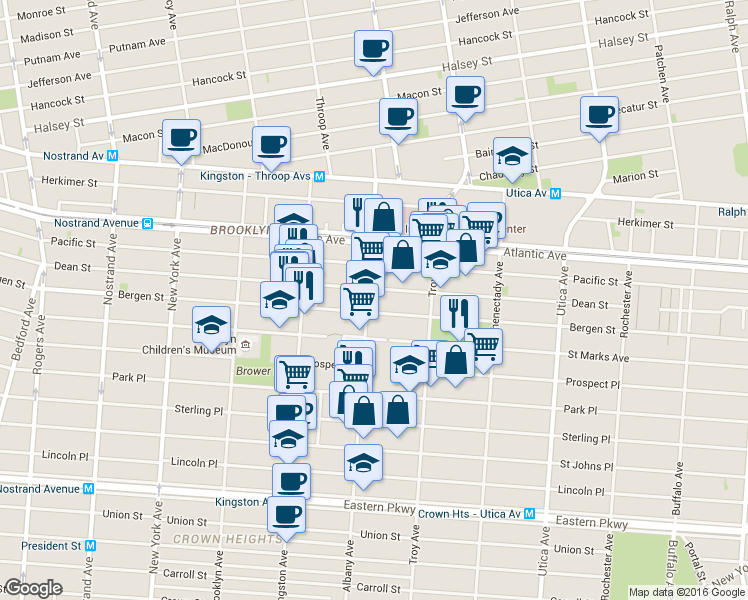 map of restaurants, bars, coffee shops, grocery stores, and more near 1415 Bergen Street in Brooklyn