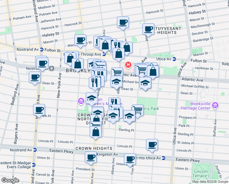 map of restaurants, bars, coffee shops, grocery stores, and more near 1362A Bergen Street in Brooklyn