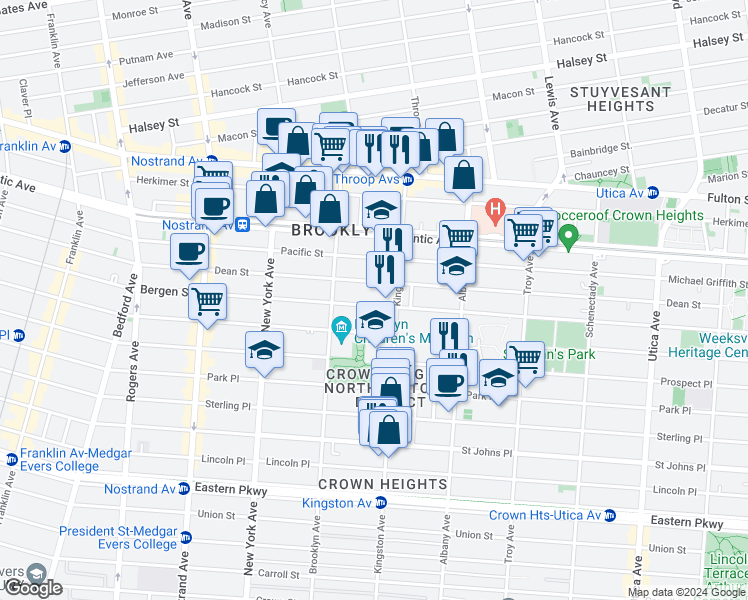 map of restaurants, bars, coffee shops, grocery stores, and more near 1286 Bergen Street in Brooklyn
