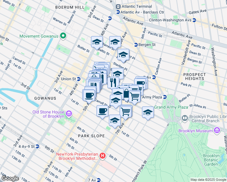 map of restaurants, bars, coffee shops, grocery stores, and more near 740A Union Street in Brooklyn