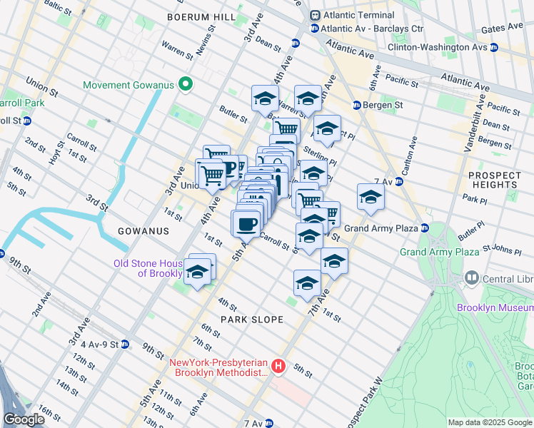 map of restaurants, bars, coffee shops, grocery stores, and more near 687 President Street in Brooklyn