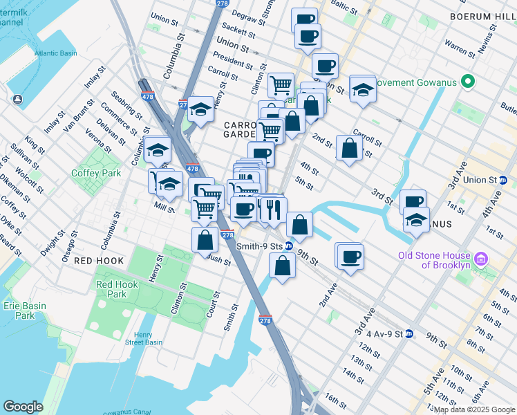 map of restaurants, bars, coffee shops, grocery stores, and more near 489 Court Street in Brooklyn
