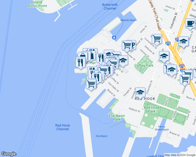 map of restaurants, bars, coffee shops, grocery stores, and more near 167 Beard Street in Brooklyn