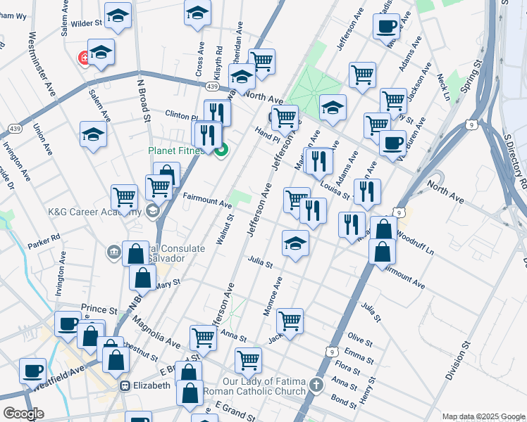 map of restaurants, bars, coffee shops, grocery stores, and more near in Elizabeth