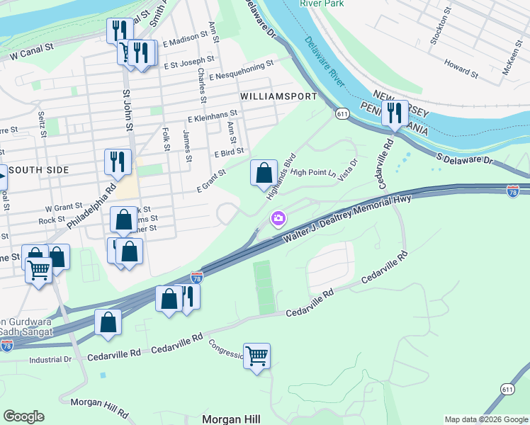 map of restaurants, bars, coffee shops, grocery stores, and more near 420 Highlands Boulevard in Easton