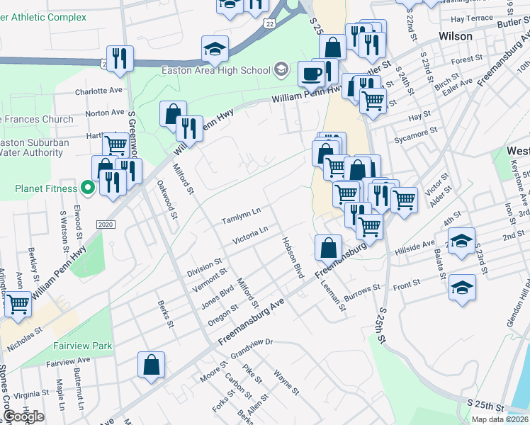 map of restaurants, bars, coffee shops, grocery stores, and more near 2713 Victoria Lane in Easton
